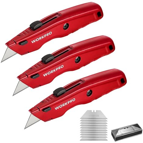 WORKPRO Premium Utility Knife, Retractable All Metal Heavy Duty Box Cutter, Quick Change Blade Razor Knife, 3PCS with 10 Extra Blades