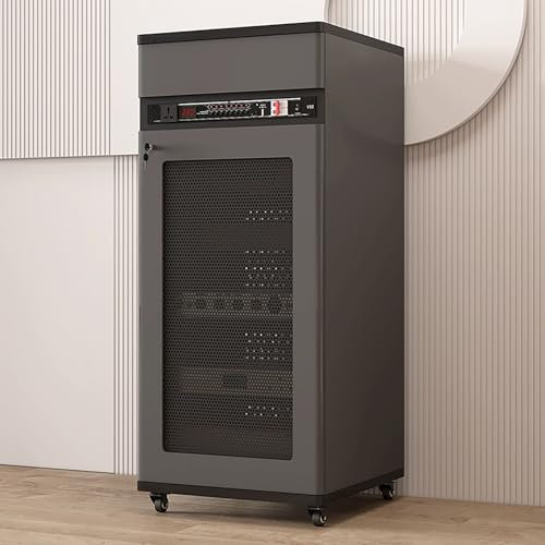 JIAOCKJIAO Phonoschrank, Stereoschrank mit Schublade, Audio Rack Hi Fi Regal mit Kabelloch, Bewegliches Record Player Stand mit Türschloss, mit Verstellbaren Regalen(Gray,52x55x126CM)