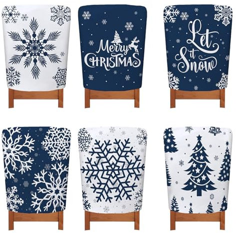 Treer Fundas para Sillas de Navidad 6 Piezas, Fundas de Sillas de Comedor para Navidad Decoración Protector de Respaldo Extraíble para Fiesta de Vacaciones (6 Piezas,Azul)