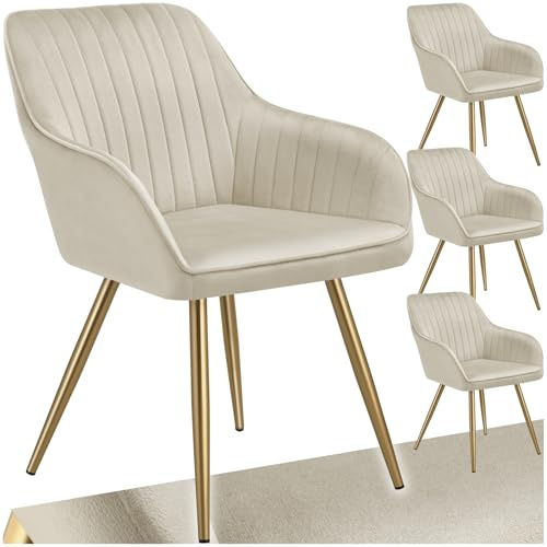 tectake® Esszimmerstuhl, gesteppter Samtstoff Stuhl, mit Armlehnen, als Essgruppe, Küchenstühle modern, gemütlicher Sessel Wohnzimmer, Dining Lounge, Schminktisch Stuhl- Creme/Gold, 4er Set