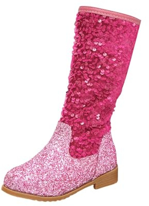SRTUMEY Botas altas hasta la rodilla con diamantes de imitación brillantes para niños y niñas, botas de equitación con tacón antideslizante, botas de equitación para fiestas y cumpleaños, hot pink, 31