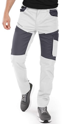 EOS arbetsbyxor herr stretch – cargobyxor herr, trippelstygn – arbetsbyxor herr med elastisk linning, reflekterande element, 300D polyester Oxford, flexibla, Vit, 46