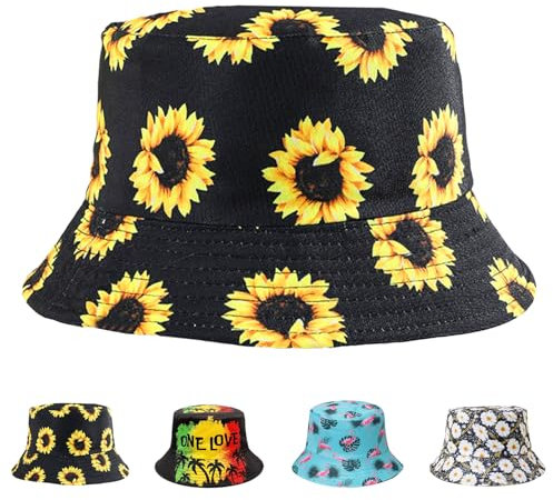 AUNGCSHE Fischerhut, Sonnenhut Bucket Hat Damen Herren, Beideseitig Tragen Fischerhüte, Retro Outdoor-Anglerhut Faltbar Buschhut für Wandern Camping Urlaub(Sonnenblume)
