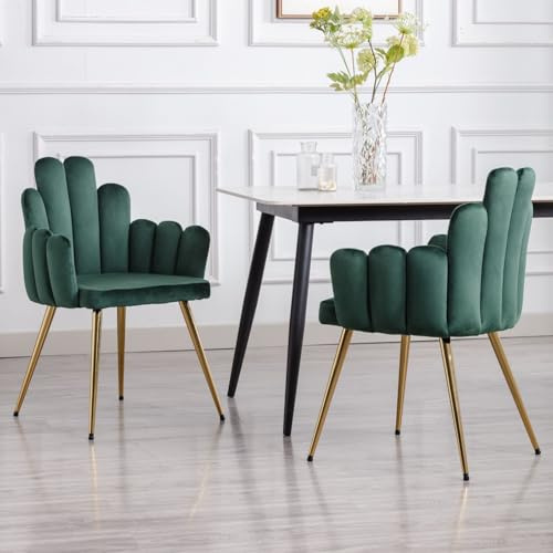Ya-Home Esszimmerstühle 2er Set, Küchenstühle Samt, Muschel-Design, Grün | Polsterstuhl mit Rückenlehne & Metallbeinen, gepolsterter Armlehnensessel Akzentstühle für Schlafzimmer/Wohnzimmer