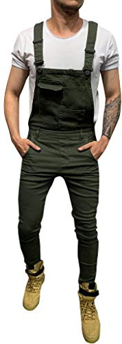 Generisch Salopette in jeans, da uomo, lunghi, elasticizzati, slim fit, da lavoro, in denim, con bretelle, verde militare, m
