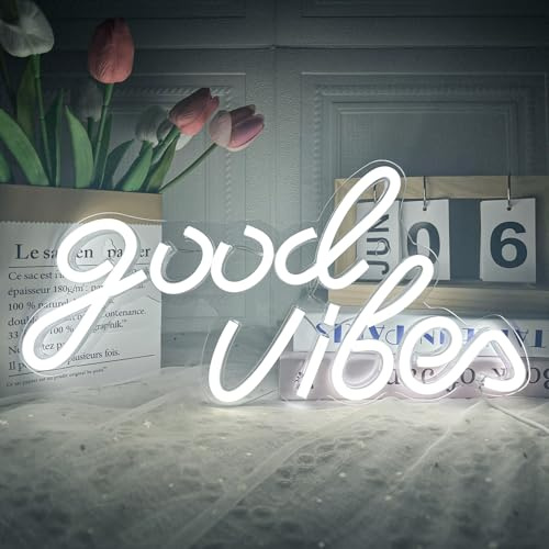 Good Vibes Vit Lysande Neon LED Skylt för Väggdekoration | USB Matning Neonskylt Dekoration för Sovrum Fest Bröllop 40 x 24 cm