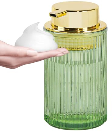 Tonxus Foaming Soap Dispenser, 12 Oz Green Glass Foam Hand Soap Dispenser, Refillable Glass Foam Pump Bottle Container Decorative Slim Ribbed Bottle for Bathroom and Kitchen