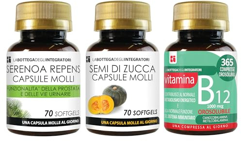 Set di integratori Serenoa Repens 70 Softgels, Zucca 70 Softgels e Vitamina B12 365 Compresse Orosolubili | Prostata e Energia