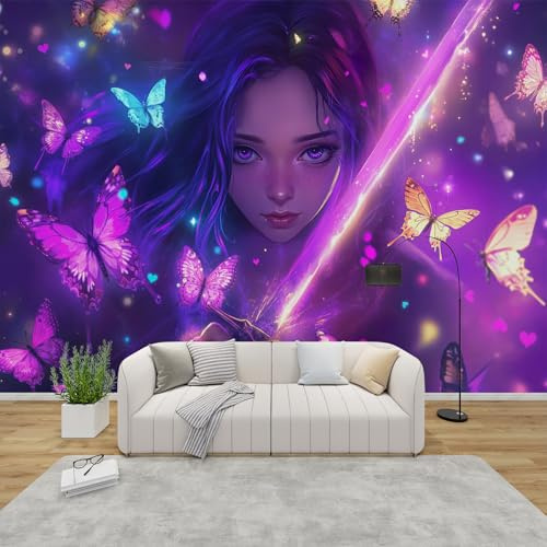 QEODAH Fototapete Anime Mädchen Schlafzimmer, 3D Tapete Bunte Schmetterling, Vliestapete Lila, Tapeten Wohnzimmer Muster, Mädchen Neon Wand Deko Kinderzimmer, Wandtapete, Mustertapete 300x210 cm