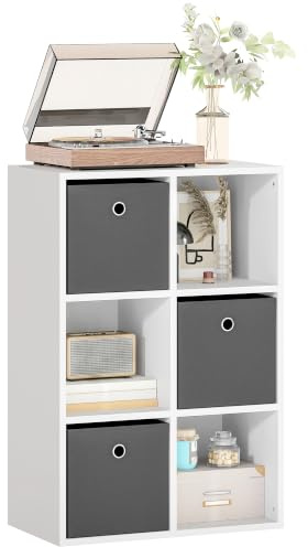 HOMCOM Bücherregal mit 3 Stoff-Schubladen 53,7 x 30 x 79,8 cm Weiß+Grau | Bücherschrank, Standregal mit 3 Offenen Regalen, Modern Aufbewahrungsregal, Büroregal