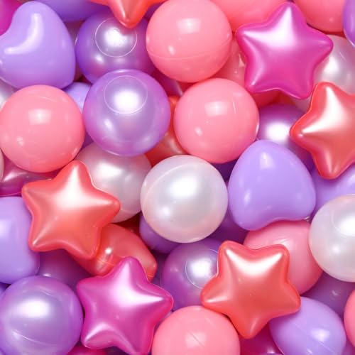 GOGOSO Ball Pit Balls 100 200 500 Pcs,Plastics Balls for Baby Toddlers Kids, Stars Hearts Shape for Pool,Play Tent,Party (Pink Red Purple, 100)