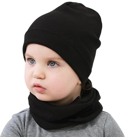 Yemlarey Kindermütze Schal Set Baumwolle Babymütze Mädchen Jungen Haube Warm Beanie Loop Schal Herbst Winter (Schwarz, L)