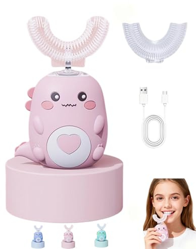 WhizBrush - U-Shaped 360º Ultrasonic Toothbrush, U Shaped Electric Toothbrush W/2 Silicone Brush Head&3 Modes/LED Light/IPX7,Rechargeable,Cleans All Teeth at Once in Just 60S (Pink,7-12years)