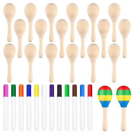 Flaroey 20 Pièces de Maracas en Bois à Faire Soi-Même pour Enfants, Mini Maracas pour Cadeaux de Fête de la Fête Mexicaine avec 12 Stylos Multicolores, Fête