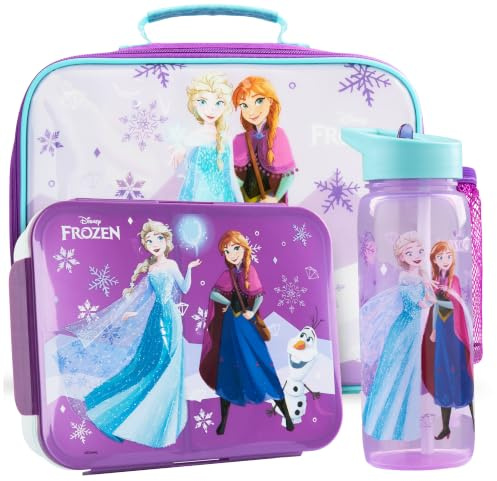 Get Trend Disney Frozen Bolsa Térmica Infantil Set 3 Piezas, Lunch Bag 5 L, Botella 640 ml y Bento Box 2 L con Compartimentos (Turquesa/Morado Frozen)