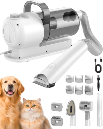 Aspiratore per peli di cane, professionale tosatrice per cani, aspirapolvere per peli di cane, gatto con 7 strumenti di toelettatura, 1,5 l silenziosa ultra contenitore per pelo lungo spesso (bianco)