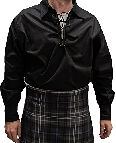 Långärmad herrskjorta, Jacobite Ghillie skjorta för kilts, med läderslips, Svart, XXL