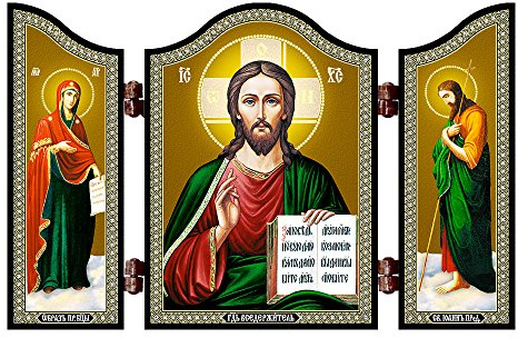 NKlaus Triptychon Jesus Ikone, Christus Pantokrator aus Holz, 1 Stück | Mit Gottesmutter und Johannes dem Täufer; 13,1 x 8,4 x 0,6 cm