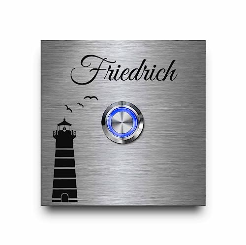 Edelstahl Türklingeln mit individueller Gravur - Klingel Größen ab 8x8 cm und Premium LED Klingelknopf Taster | Klingelschilder optional mit schönen Acrylplatten | Gravierte Klingelplatte