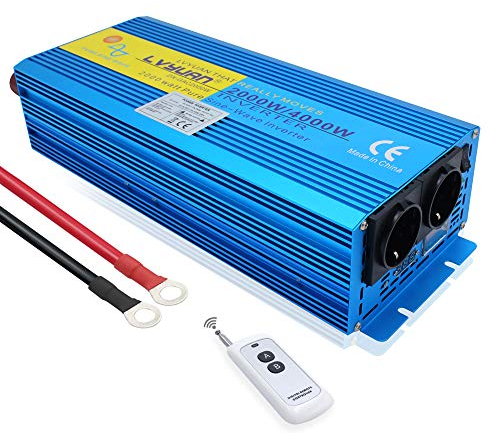 Cantonape Inversor de Corriente Onda Sinusoidal Pura 2000w 4000w Transformador de 12v a 220v 230v con Mando a Distancia & 2 Toma y LED LCD para campamentos, Tiendas de campaña, Paseos en Barco