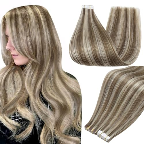 Full Shine Highlights Tape in Extensions 12Inch Seamless Tape in Hair Extensions Color 8 Light Brown Highlighted 60 Platinum Blonde Invisible Extension 30Gram 20Pcs Remy Straight Skin Weft for Wedding