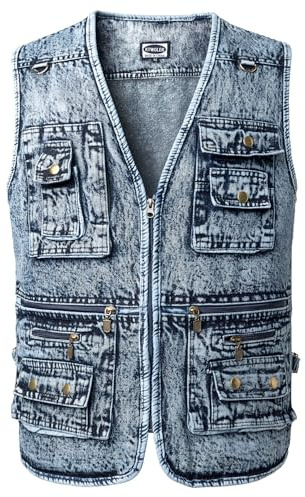 KTWOLEN Gilet en Jeans pour Homme Vintage Multi-poches Gilet de Motard Veste en Jean Sans Manches Rétro Veste Denim Gilet de Pêche Travail Chasse