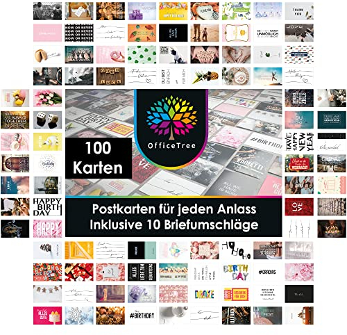 OfficeTree 100x Grußkarten Set A6 mit 10 Umschlägen - Postkarten Sprüche für alle Gelegenheiten mit Hochzeit-, Geburtstags- und Weihnachtspostkarten - Postkarten Set Sprüche - Greeting Cards
