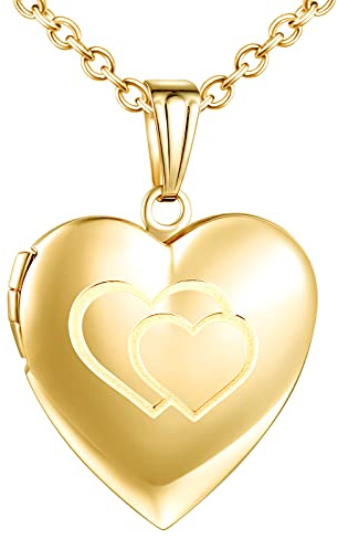 MicVivien Acciaio Inossidabile Collana con Ciondolo portafoto Medaglione Cuore con Modello Doppio Cuore/Love, Personalizzata Collane Gioielli per Mamma Donne Ragazze, 50cm Catena
