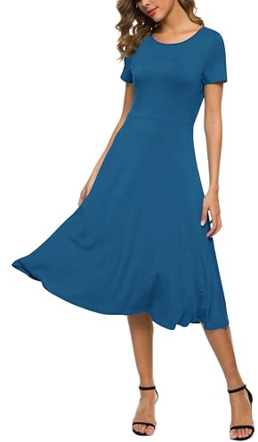 EXCHIC Donna Manica Corta Tinta Unita Girocollo Elastico A-Line Vestito Casuale Eleganti Girocollo Midi Abito(S, Blu Acciaio)