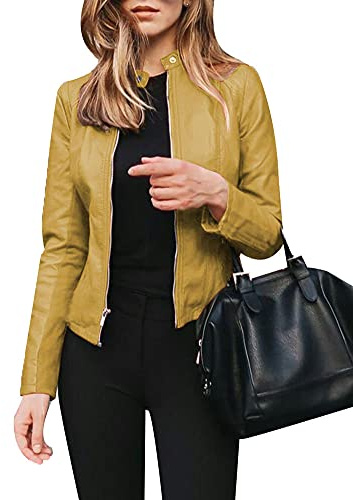 Ledig kort kappa i konstläder jacka motorcykel motorcykel ytterkläder anpassad smal passform kappa kort motorcykeljacka kappa retro vardaglig dragkedja kappa PU blazer, gUL, M
