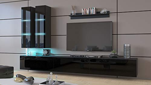 Furnitech Wohnwand Wohnzimmer | Wohnzimmer Möbel mit LED RGB - 16 Farben | Hängend Wohnwand Modern | Wohnzimmer Schrankwand mit Regale und TV Schrank (Egina AN50-18HG-B1 1B)