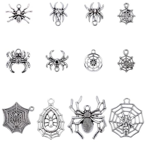 SUNNYCLUE 1 Box 48 Stück 12 Stile Tibetischer Stil Spinnen Charms Vintage Legierung Halloween Spinnennetz Anhänger Zubehör Für Erwachsene DIY Armband Ohrring Halskette Schmuckherstellung Antik Silber