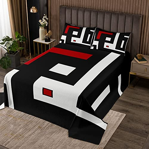 Homewish Geometrisches Quadrat Steppdecken Set Schwarz Weiß Rot Streifen Bettwäsche Set für Kinder Jungen Mädchen Geometrie Gitter Tagesdecke 240 x 260 Moderne Fette Linien Kunstwerk Tagesdecke