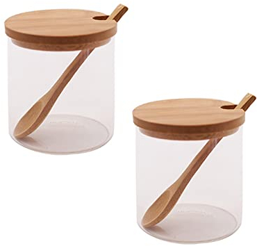 QUUPY Juego de 2 tarros de especias de vidrio transparente para condimentos con cucharas y tapas, caja de condimentos para el hogar, cocina, cafetería, encimera, almacenamiento de alimentos (300 ml)