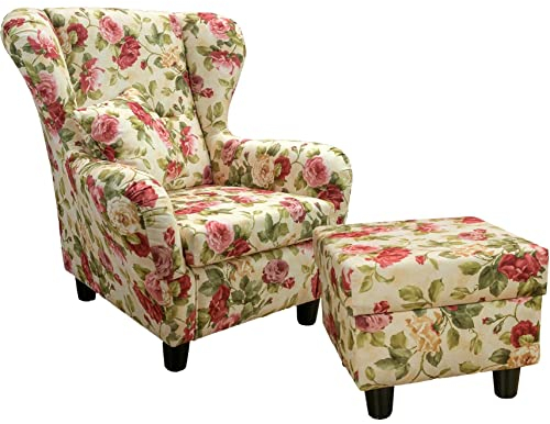 Gemütlicher Ohrensessel mit Hocker im Landhaus-Stil, B90/H98/T76 cm, hoher Sitzkomfort durch Wellenunterfederung, moderner Lesesessel mit Echtholzfüßen u. Zierkissen, Webstoff mit Blumenmuster / 18004
