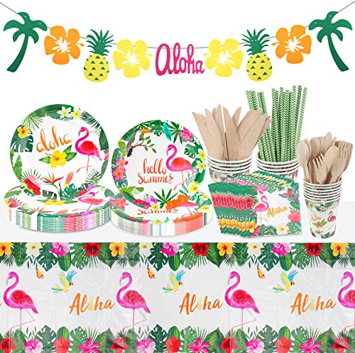 Hysagtek Service de table de fête 130 pièces (16 invités) motif flamant rose hawaïen – Assiettes en carton, serviettes, tasses, pailles, nappe pour décoration de fête tropicale hawaïenne Luau