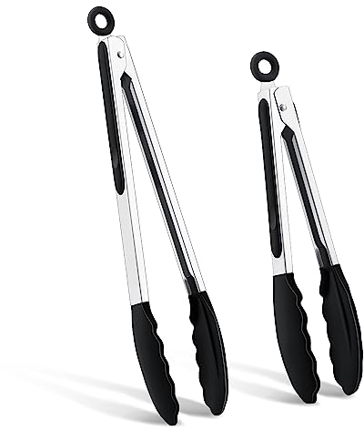 Grillzange, Joyfair 2 Stück Edelstahl Küchenzange Set - 34cm & 26cm, Nudelzange mit Rutschfesten Silikonspitzen und Griff, Hitzebeständige Fleischzange für Grill, Kochen, Backen - Schwarz