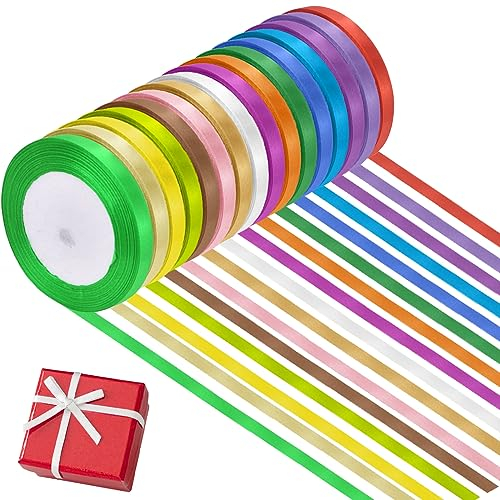 DECARETA 16 Rollen Satinband Geschenkband 16 Farben Satin Schleifenband Dekoband 10mm Breit 22m Lang Satinbänder Bunt Stoffband Seidenband Stoff Bänder Zum Basteln und Geschenk Party Hochzeit