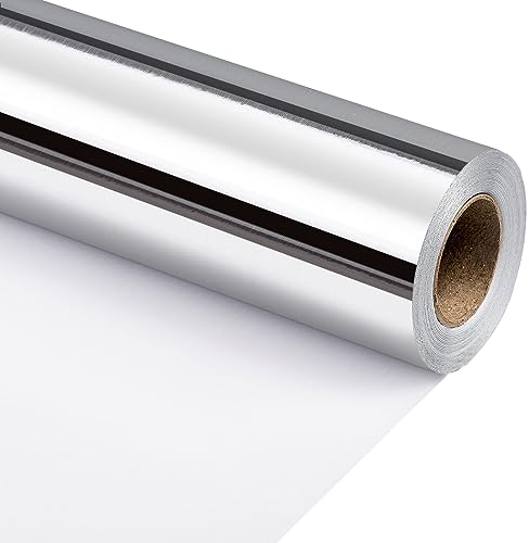Flyhill Geschenkpapier, Mini-Rolle, 76,2 x 10 m, Metallic-Silber, Geschenkpapier für Geburtstag, Hochzeit, Babyparty, Muttertag, Brautshow, Abschlussfeier und andere Anlässe.