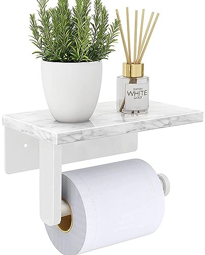 Biutimarden Toilettenpapierhalter Ohne Bohren,Klopapierhalter Edelstahl mit Weißer Marmor Ablage Selbstklebend oder Schraub Wandmontage Klorollenhalter für Küche und Bad(Weiß)