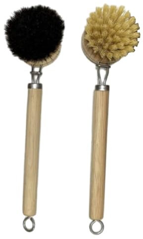 Gralara 2 X Wooden Dishwashing Brush, Dish Scrubber, Pots, Pans, Dish Brush with Handle for Cleaning, sisal and horse hair