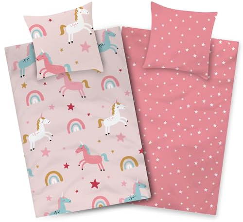 Aminata kids Bettwäsche Kinder 135x200 Mädchen Einhorn Motiv aus Baumwolle mit Reißverschluss Kinder-Bettwäsche-Set Jugendliche Teenager Einhornbettwäsche rosa Regenbogen