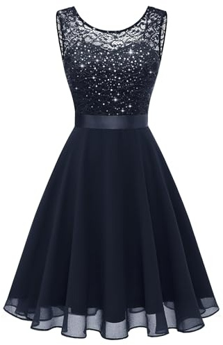 Berylove Abito da cocktail da donna, elegante, per matrimonio, ospite, chiffon, senza maniche, in pizzo, Glitter blu navy, S