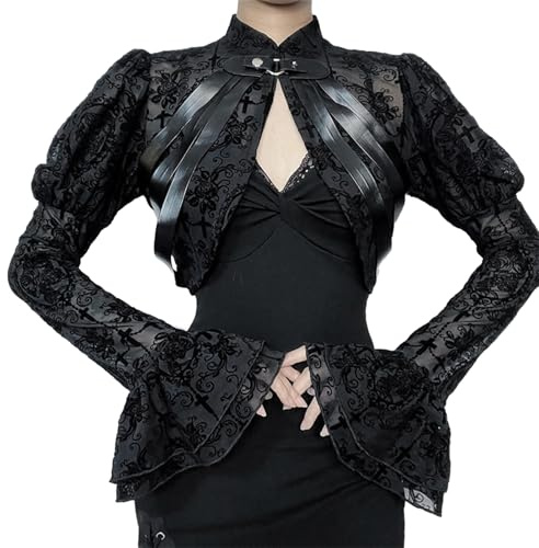XCJIKUKE Women Gothic Lace Mesh Bell Sleeve Crop Top Cropped Cardigan Shrug