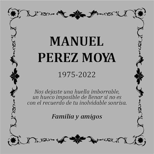 Placa funeraria de aluminio plateado grabado negro para exterior e interior grabada con láser para lápida, nicho o pared. Cinta doble cara ultra fuerte. (Diseño Pergamino)