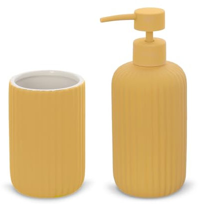 Inbagno Set Accessori Bagno 2 Pezzi in Ceramica Giallo cannettato, Dispenser Sapone e portaspazzolini Soft Touch, Spring