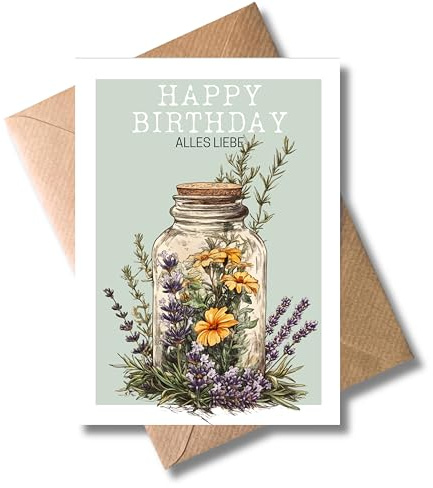 WBdesignz Geburtstagskarte – DIN A6 – „Happy Birthday – Alles Liebe“ mit Blumen im Glas – Naturmotiv & Vintage-Stil – Grußkarte für Frauen, Freundinnen, Kolleginnen & Gartenfreunde