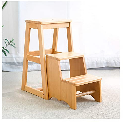 OZBMA Sgabello a scaletta Sgabello a gradini, Sgabello Pieghevole a 3 gradini Sedia a scaletta, Sgabello Multifunzione in Legno massello con Maniglie, Naturale (Naturale)