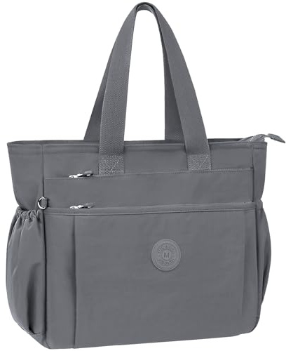 WACCET Bolso Bandolera Mujer, Grande Tote Bag en Nylon Impermeable con Múltiples Bolsillos Bolso Shopper Ligero y Casual Bolso Universidad Mujer para Viajes, Trabajo, Escuela (gris oscuro)