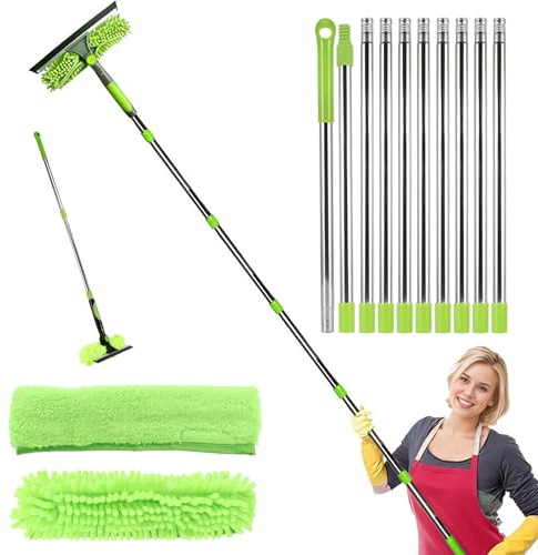 Window Cleaning Kit, 14ft Telescopic Window Cleaner with Extension Poles, 2 in 1 Extendable Window Cleaning Equipment with Long Handle Window Squeegee and Mop for Indoor Outdoor Windows Car Glass